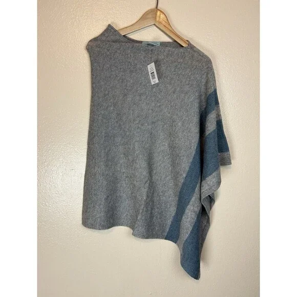 Celeste Wool Cashmere Poncho Colorblock Cape Sweater Shawl One Size Silver  Blue
